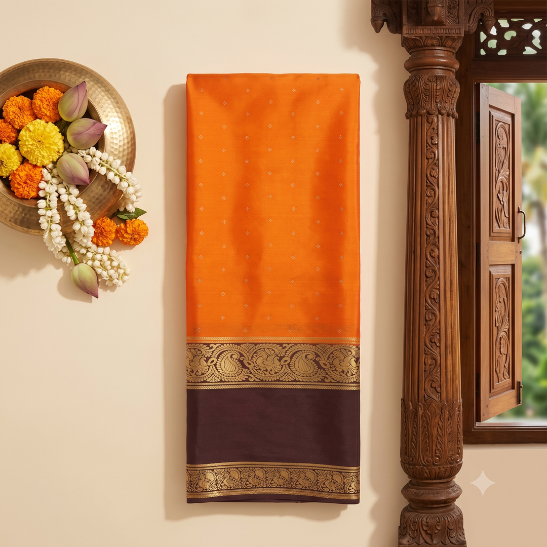 KUBERAN ORANGE WITH PURPLE PURE MYSORE CREPE SILK SAREE