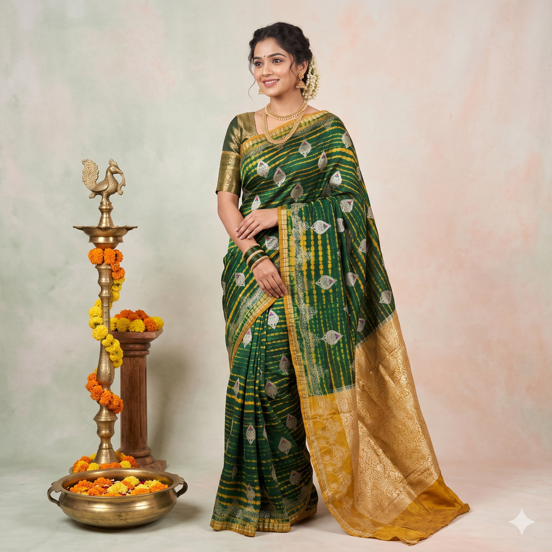 Kuberan Green with Yellow Pure Shibori Silk Saree