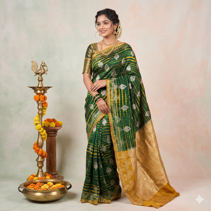 Kuberan Green with Yellow Pure Shibori Silk Saree