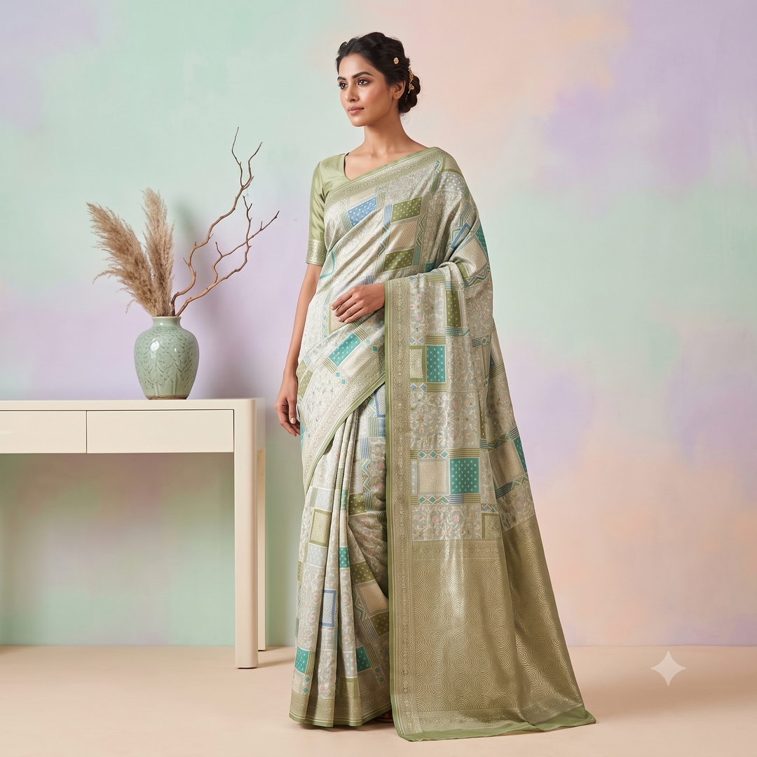 KUBERAN WHITE WITH GREEN BANARAS GEORGETTE SAREE