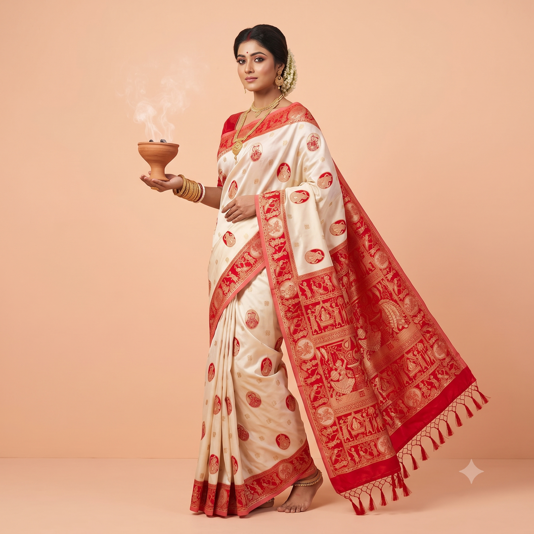 KUBERAN WHITE WITH RED SEMI TUSSAR SILK SAREE