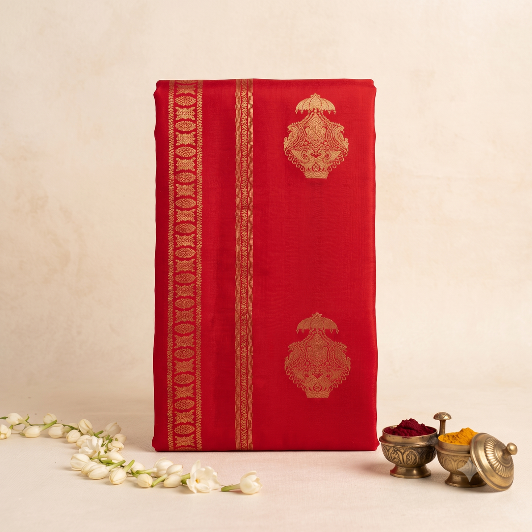 KUBERAN RED WHITHOUT BORDER MYSORE SILK CREPE SAREE