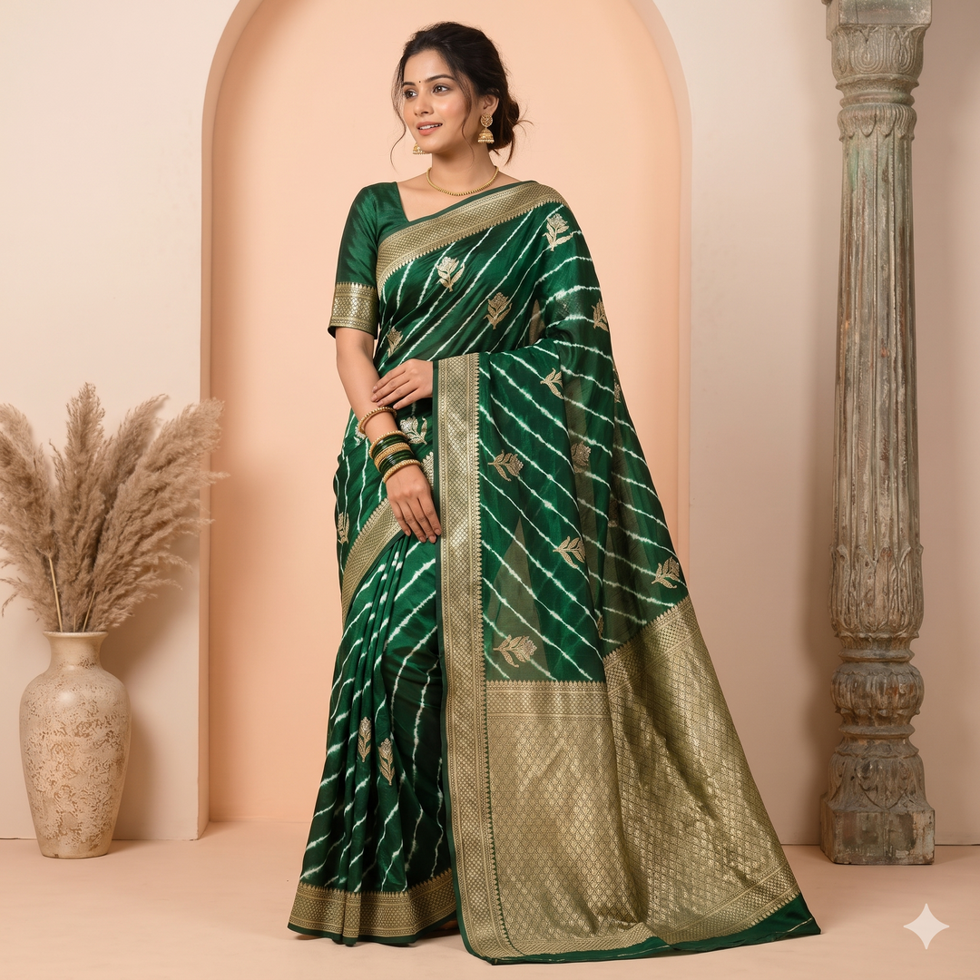 KUBERAN GREEN LEHERIYA SHIBORI PURE SILK SAREE