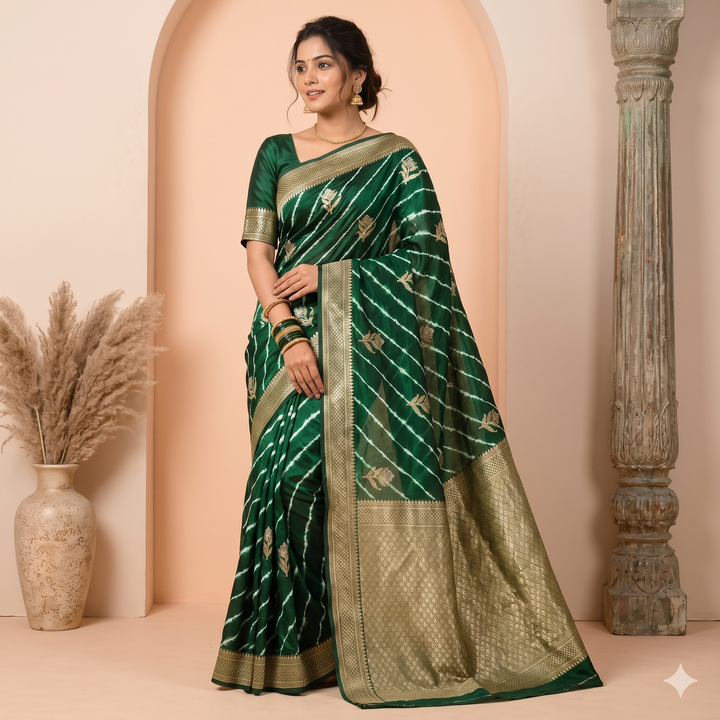 KUBERAN GREEN LEHERIYA SHIBORI PURE SILK SAREE