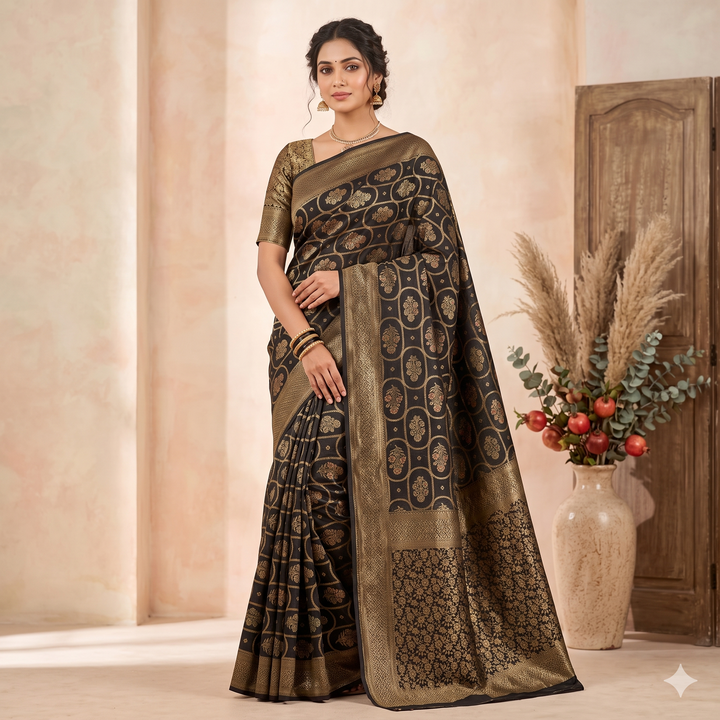 KUBERAN BLACK SEMI BANARASI SILK SAREE