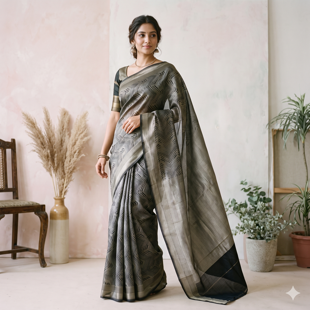 Kuberan Black Fancy Semi-Banarasi Silk Saree