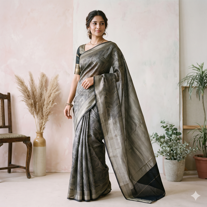 Kuberan Black Fancy Semi-Banarasi Silk Saree