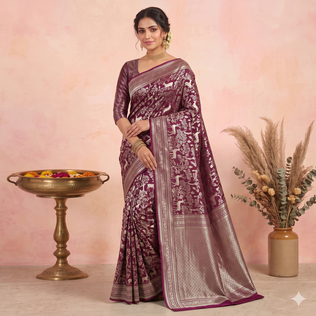 KUBERAN BURGUNDY SEMI BANARASI SILK SAREE