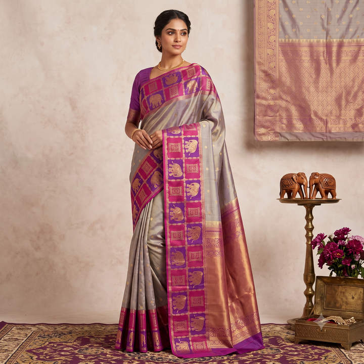KUBERAN GREY PURE SILK SAREE