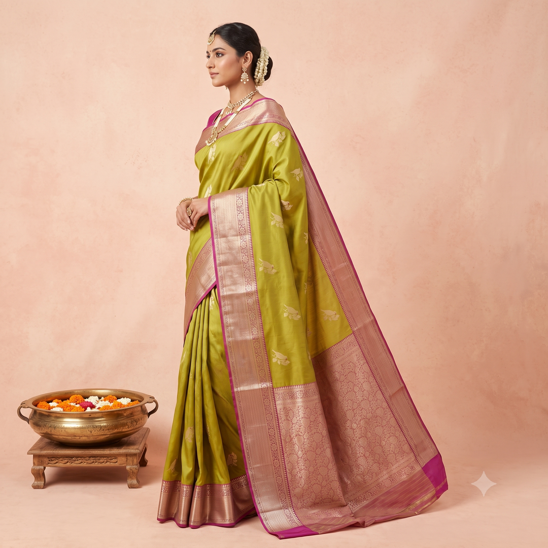 KUBERAN GREEN WITH PINK PURE BANARASI HANDLOOM SAREE