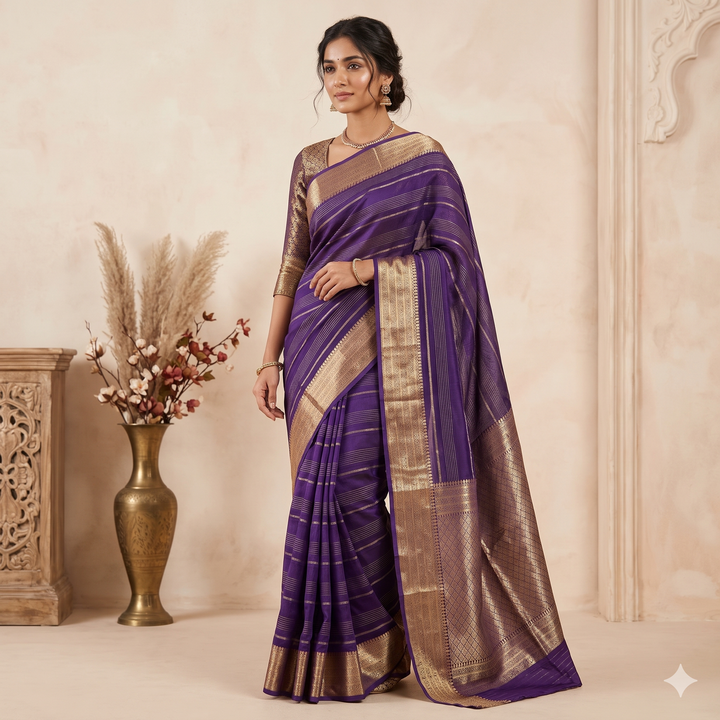 Kuberan Purple Striped Chiffon Saree