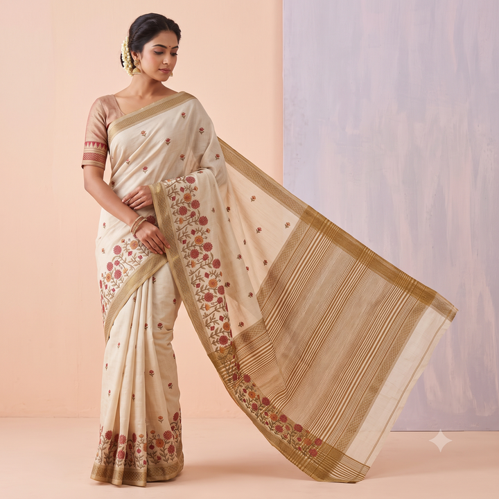 KUBERAN OFF WHITE RAW SILK SAREE