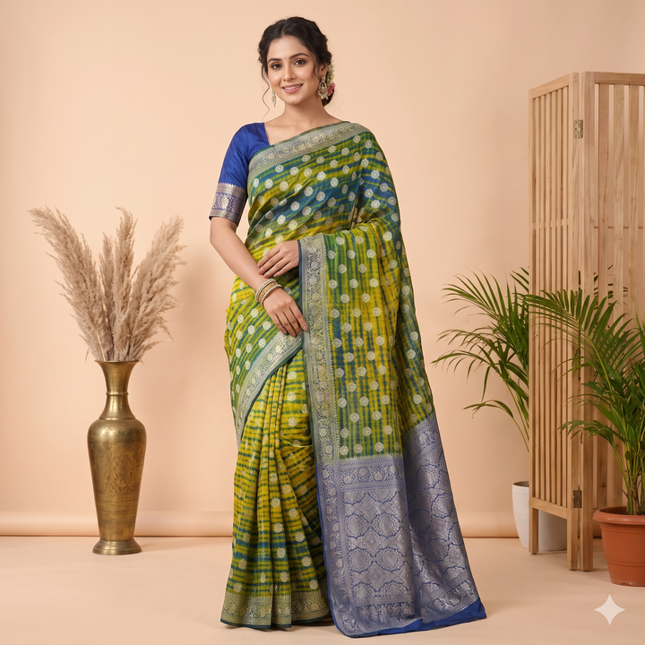 Kuberan Yellow with Blue Shibori Pure Silk Saree