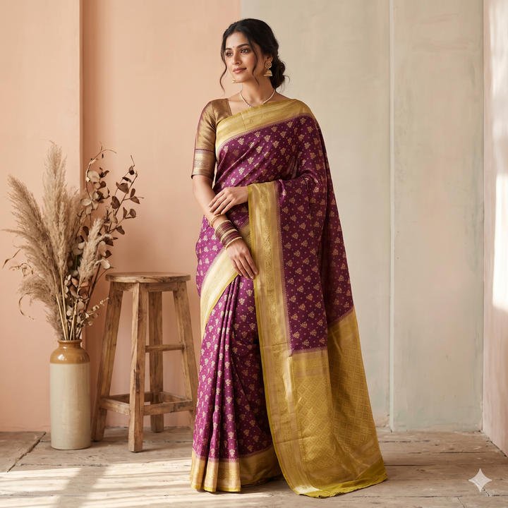 KUBERAN BURGUNDY WITH GREEN RAW SILK SAREE