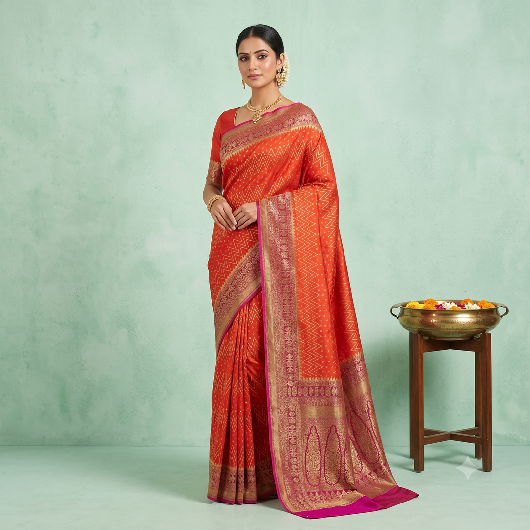 KUBERAN ORANGE WITH PINK BANARAS GEORGETTE SAREE