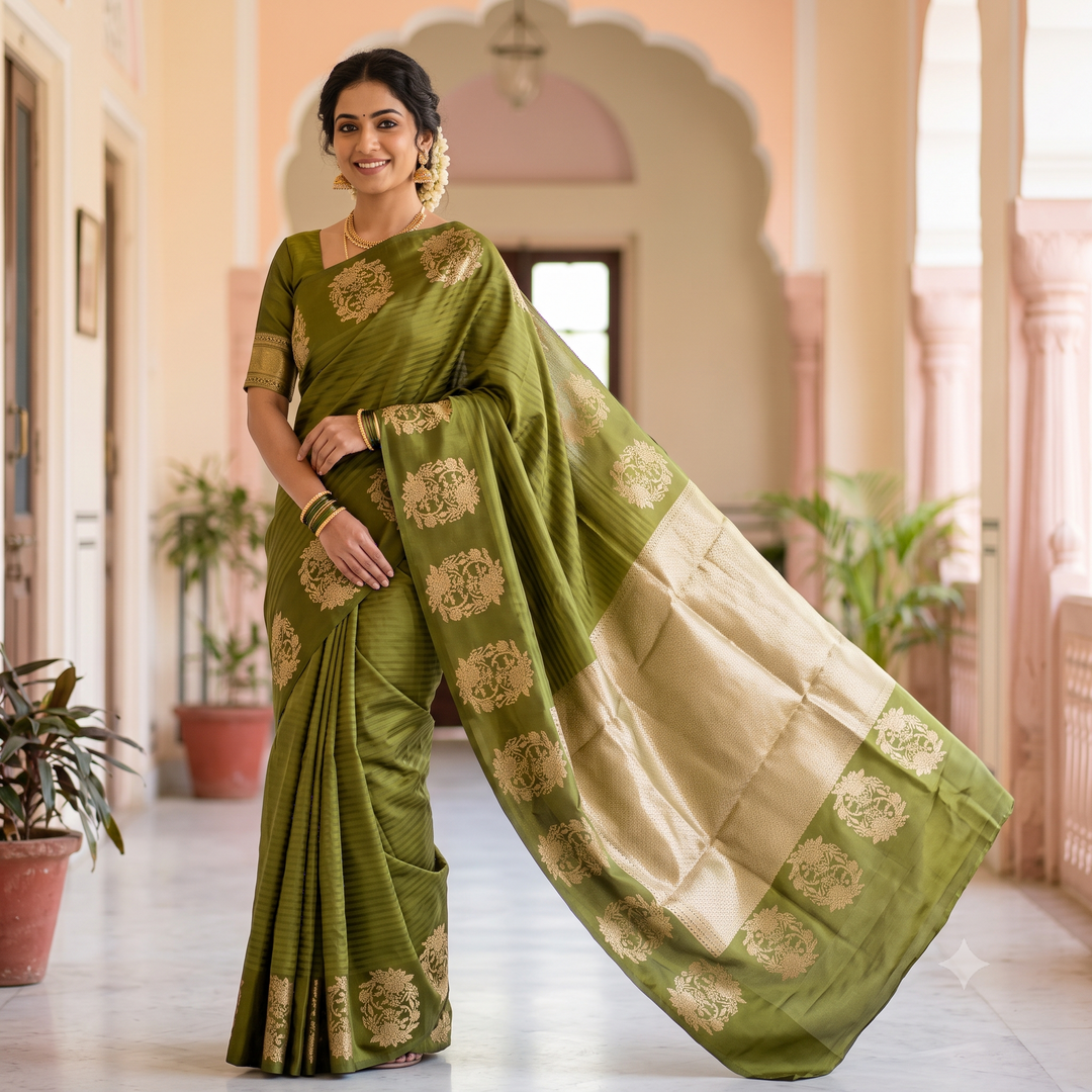 KUBERAN OLIVE GREEN PURE BANARASI SAREE