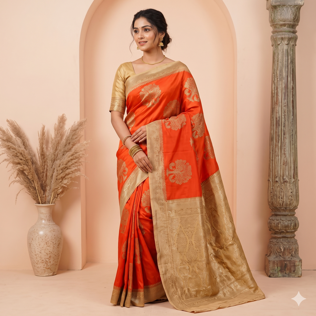 KUBERAN ORANGE WITH BEIGE KHADDI GEORGETTE SAREE