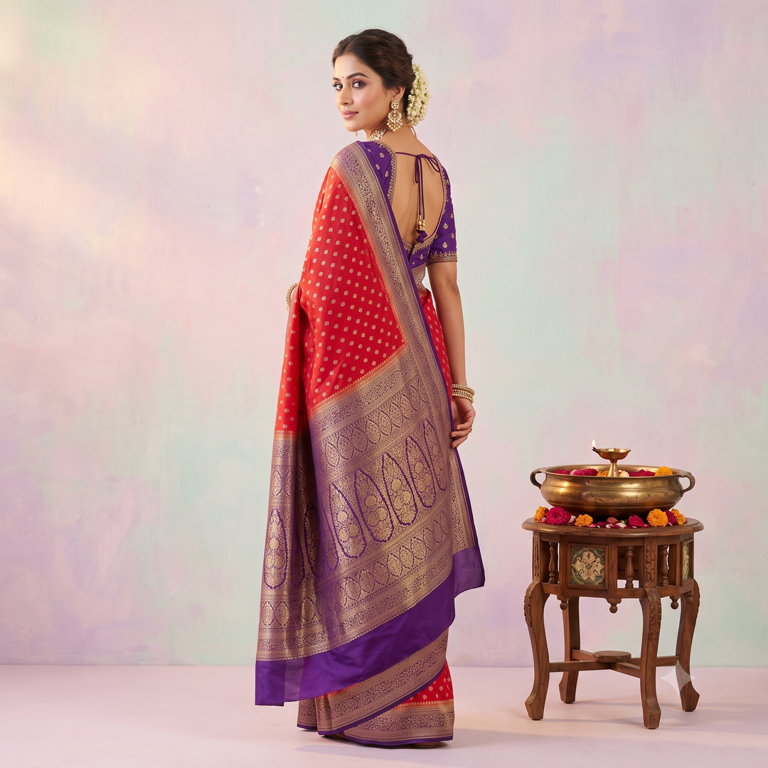 KUBERAN RED WITH BLUE BANARAS GEORGETTE SAREE