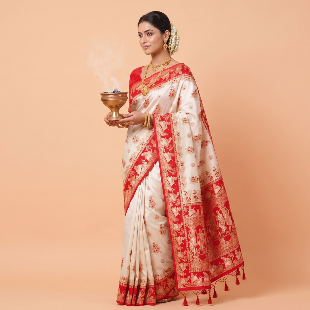 Kuberan Ivory White & Red Heritage Semi Tussar Silk Saree