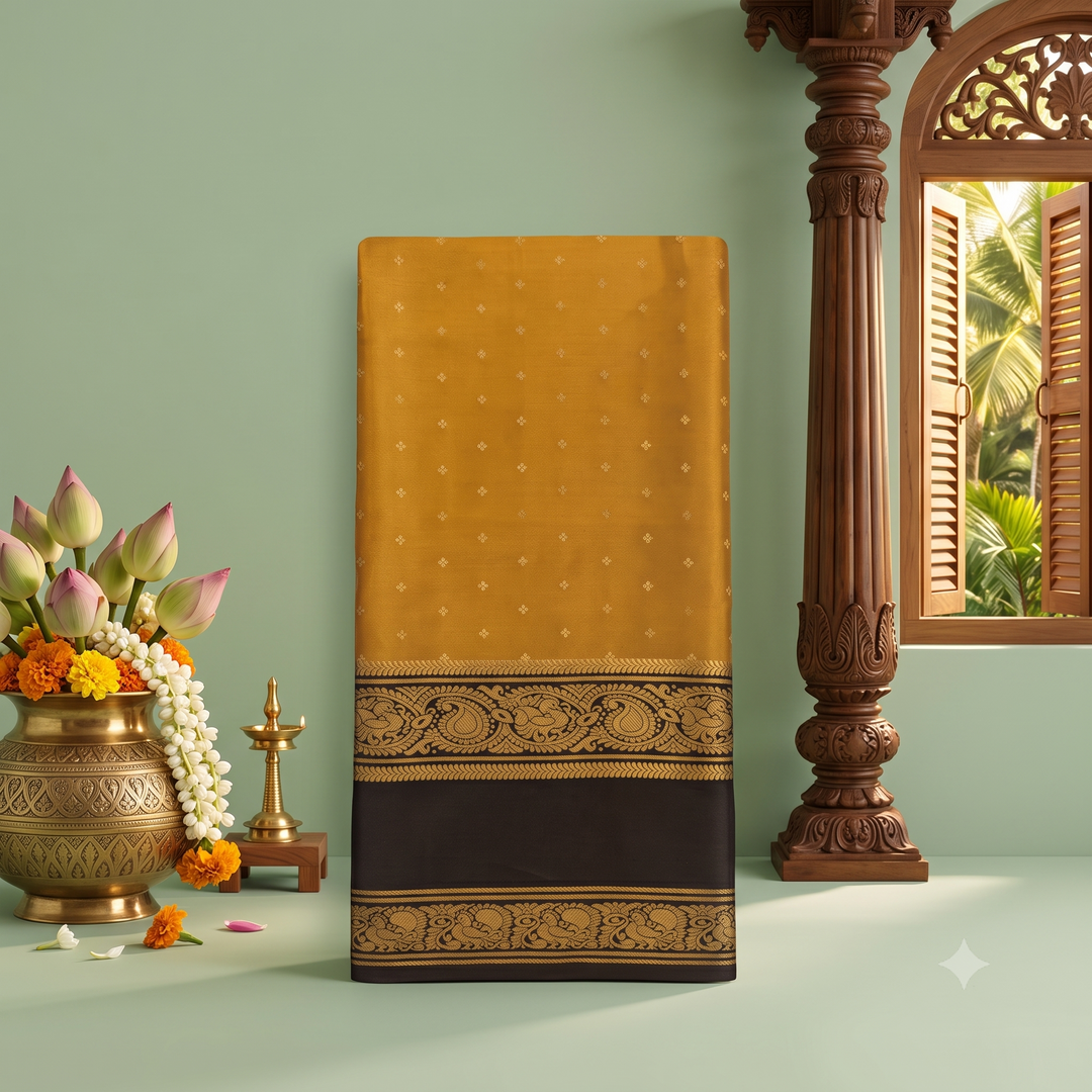 KUBERAN MUSTARD WITH BLACK PURE MYSORE CREPE SILK SAREE