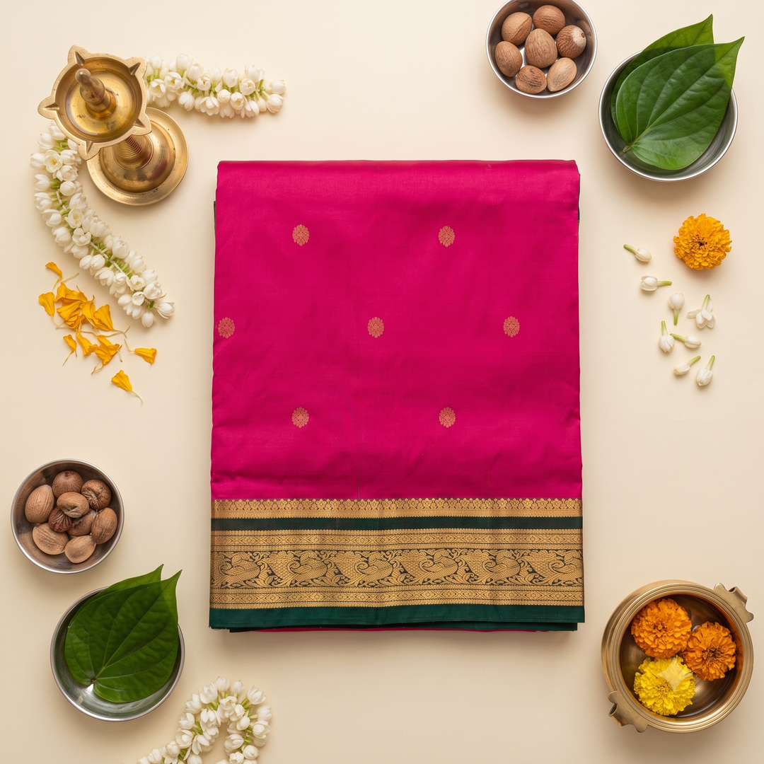 Kuberan Pink & Green 9-Yard Pure Silk Saree
