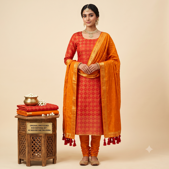 Kuberan Red Orange Pure Silk Dress Material with Gold Border