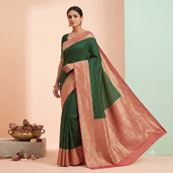KUBERAN GREEN WITH RED BANARAS GEORGETTE SAREE