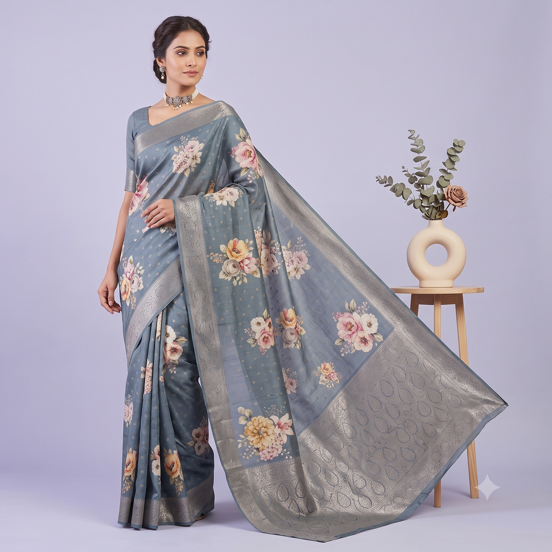 KUBERAN GREY PURE TUSSAR SILK SAREE