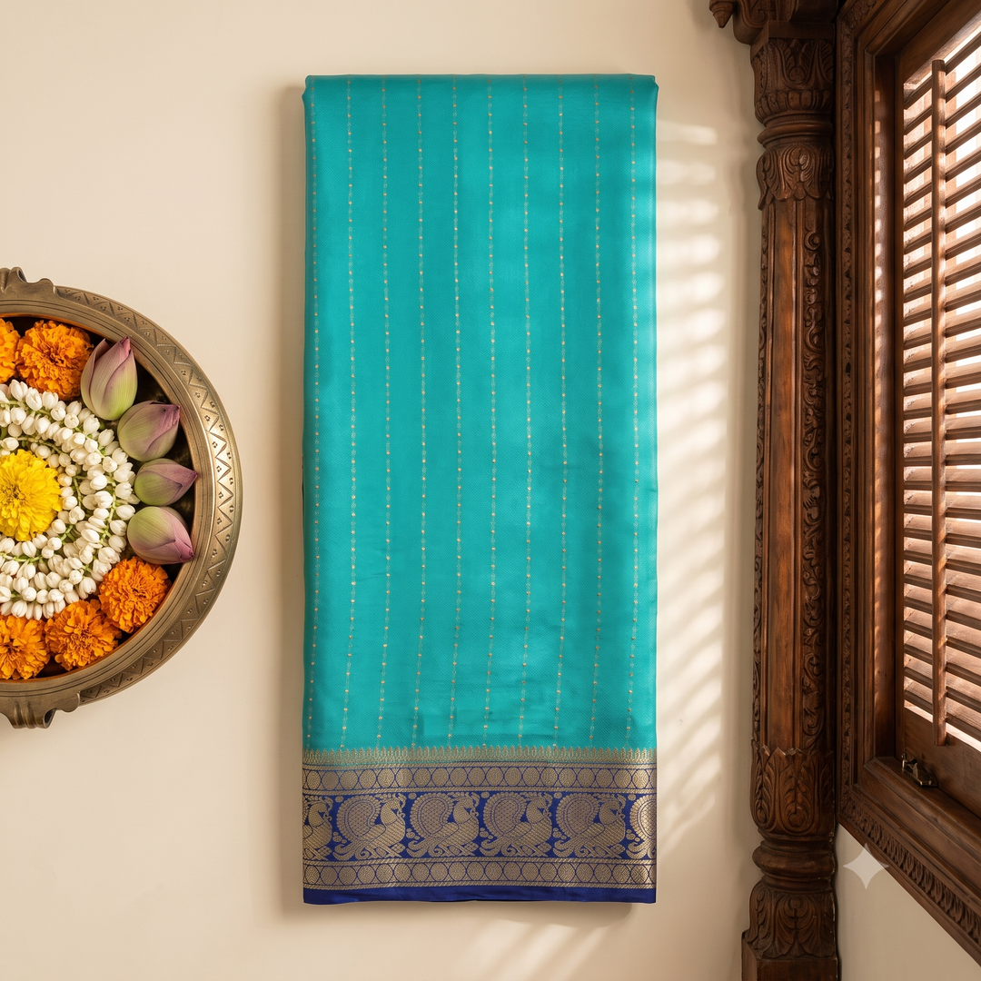 KUBERAN AQUA BLUE WITH BLUE PURE MYSORE CREPE SILK SAREE