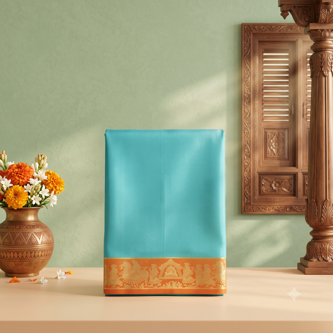 KUBERAN BLUE WITH ORANGE PURE MYSORE CREPE SILK SAREE