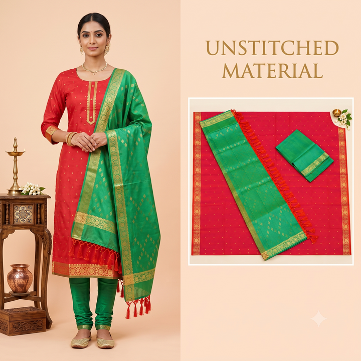 Kuberna  Red Dual Colour Green Pure Silk Dress Material -