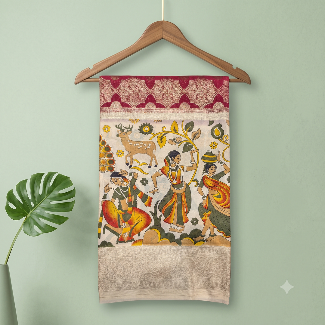KUBERAN CREAM WITH MAROON KALAMKARI CHIFFON SAREE