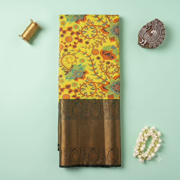 KUBERAN YELLOW KALAMKARI PRINT SEMI SILK SAREE