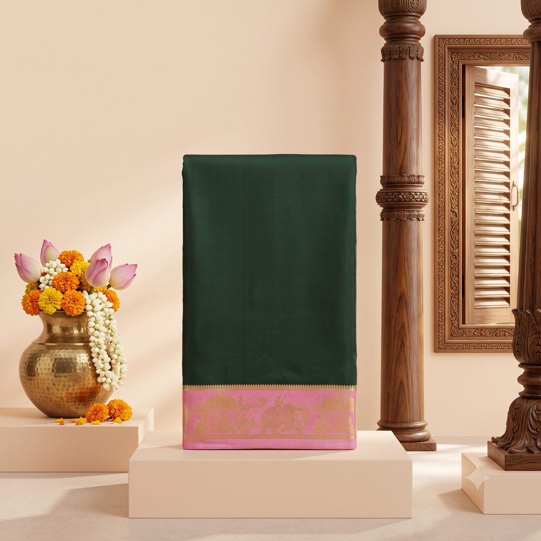 KUBERAN GREEN WITH PINK PURE MYSORE CREPE SILK SAREE