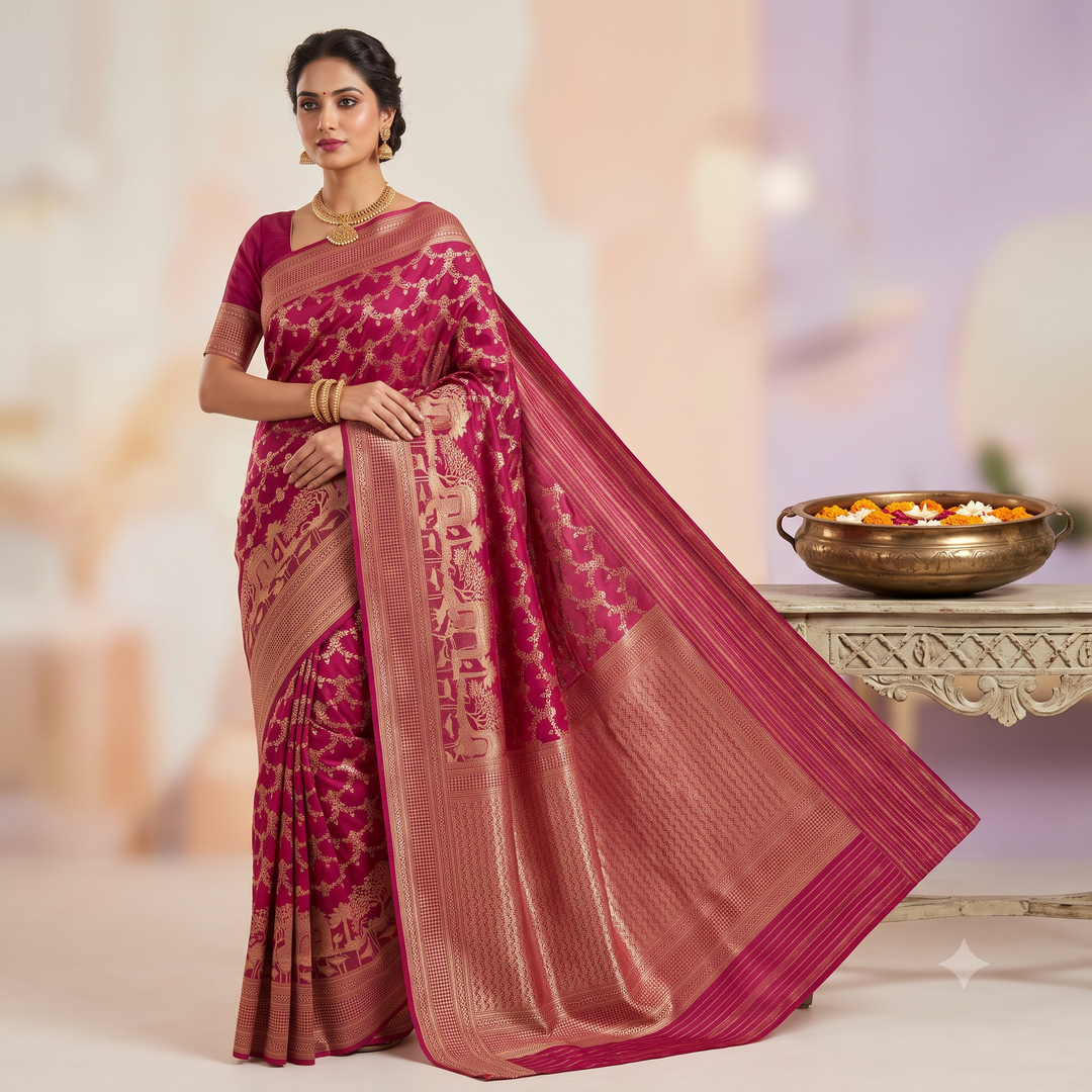 KUBERAN DARK RANI PINK PURE BANARASI SILK SAREE