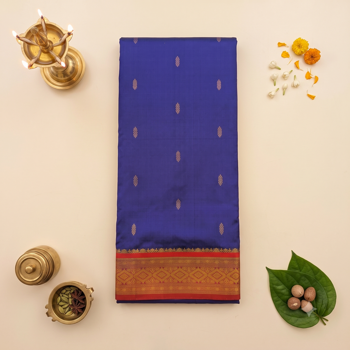 Kuberan Navy Blue & Red 9-Yard Pure Silk Saree