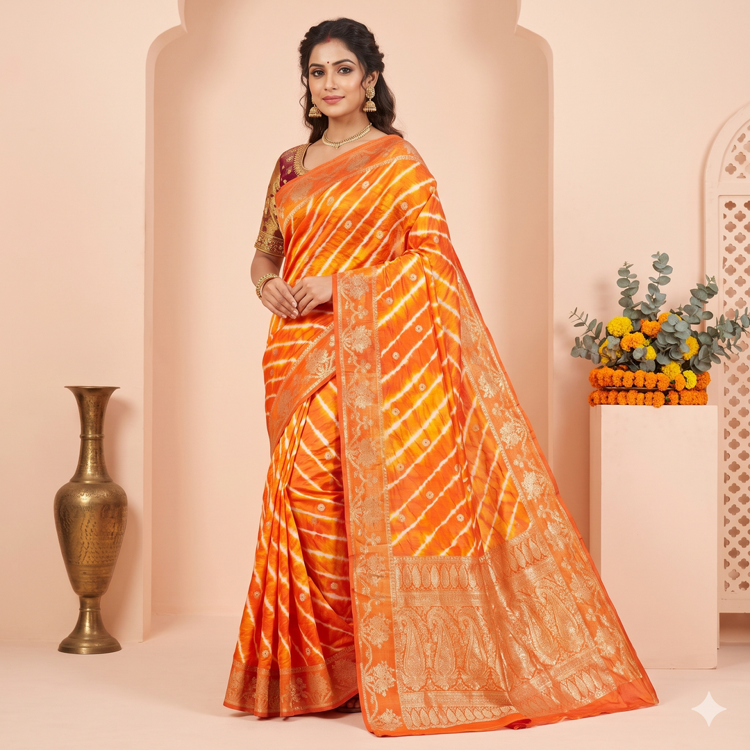 KUBERAN ORANGE LEHERIYA SHIBORI PURE SILK SAREE