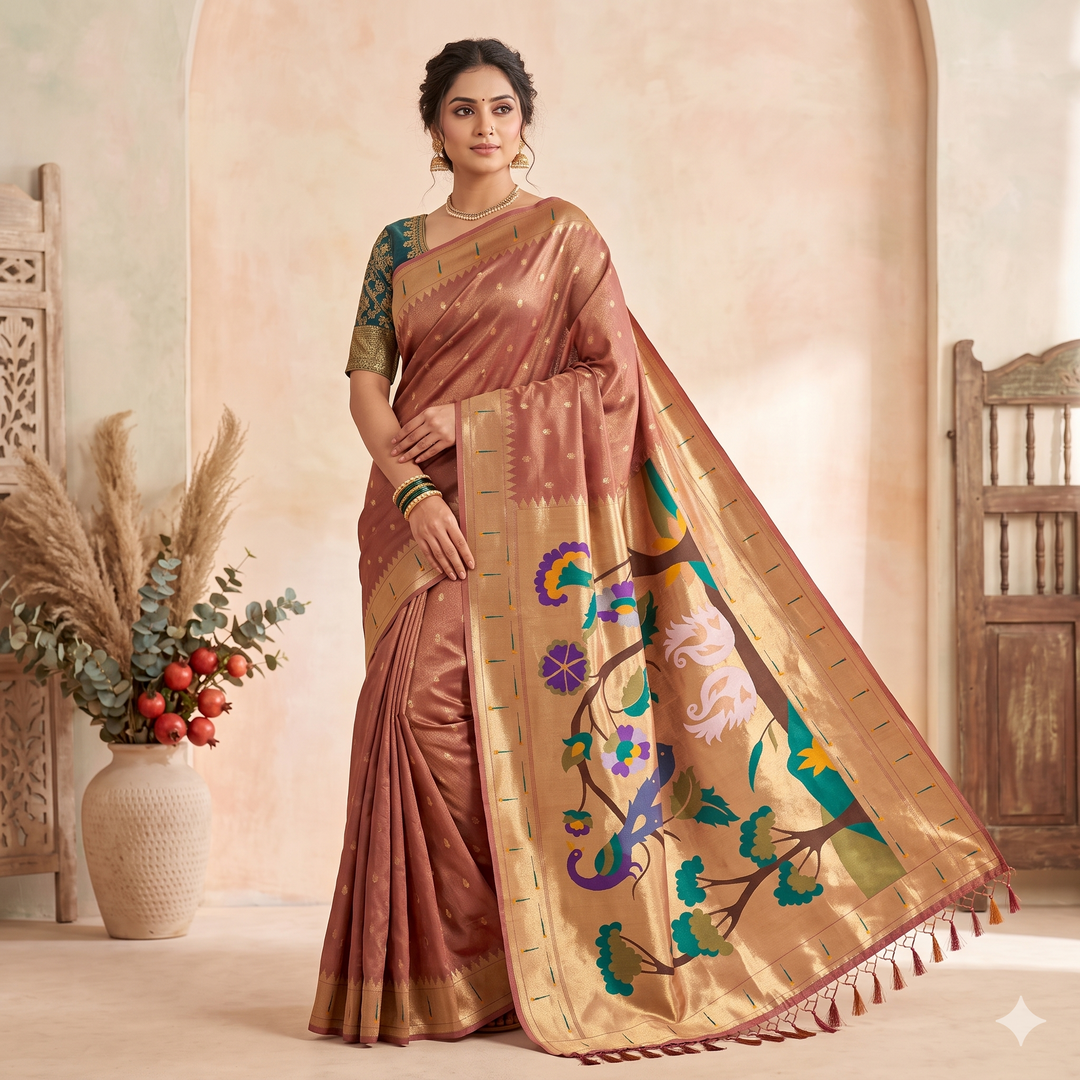 Kuberan Peach Tissue Paithani Saree