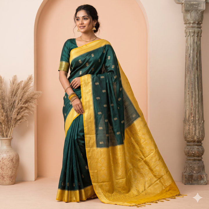 KUBERAN GREEN WITH YELLOW RAW SILK SAREE