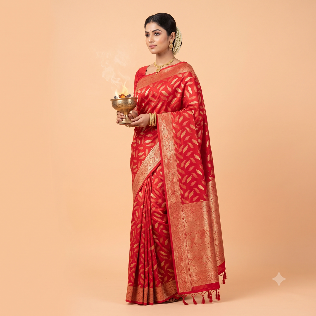 Kuberan Red Leaf Brocade Semi Tussar Silk Saree