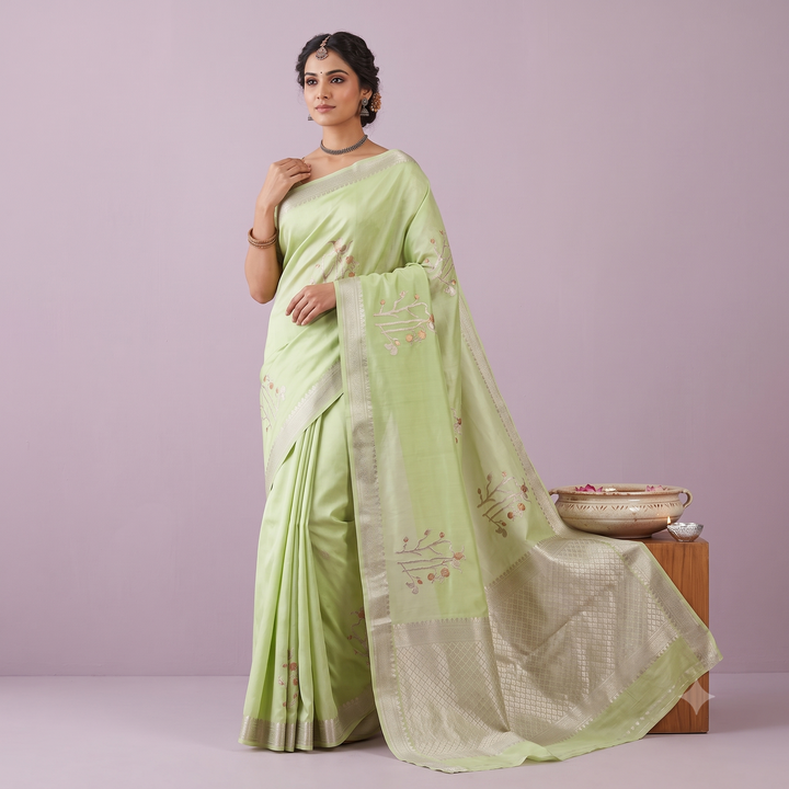 KUBERAN PARROT GREEN PURE TUSSAR SILK SAREE