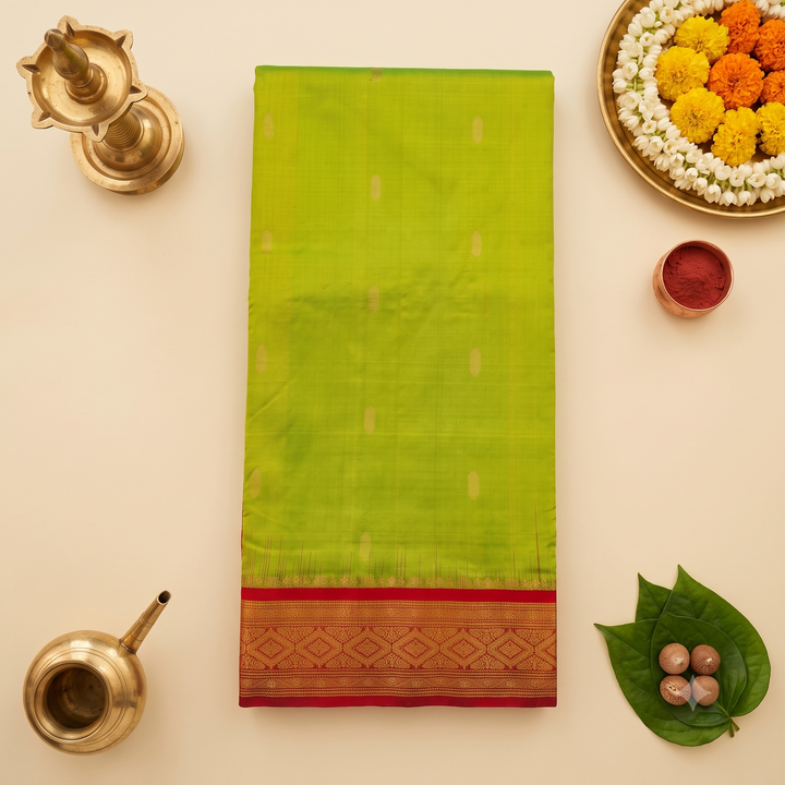 Kuberan Parrot Green & Red 9-Yard Pure Silk Saree