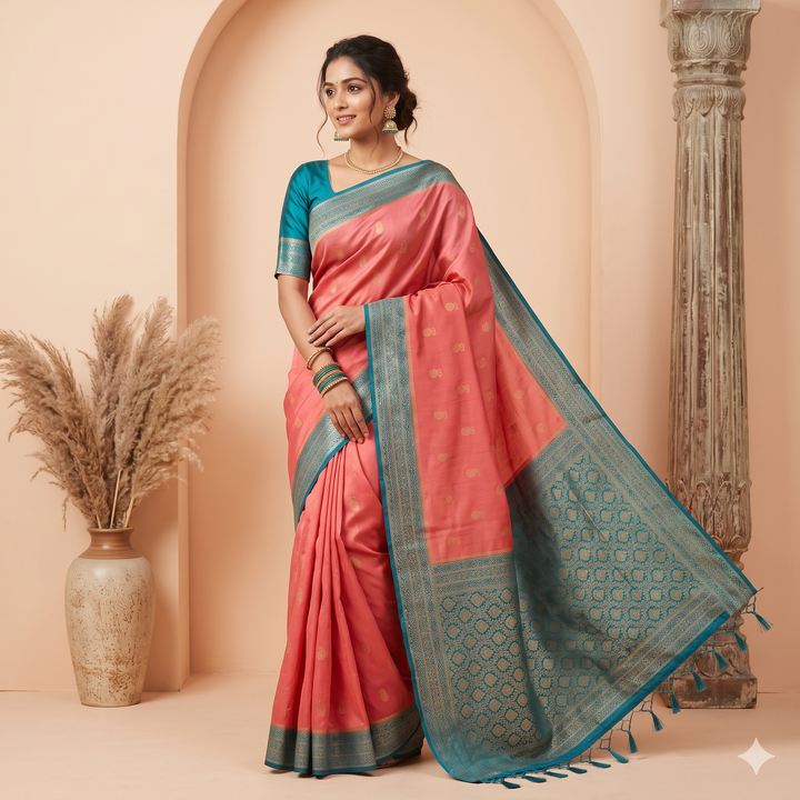 KUBERAN PINK WITH TURQUOISE RAW SILK SAREE