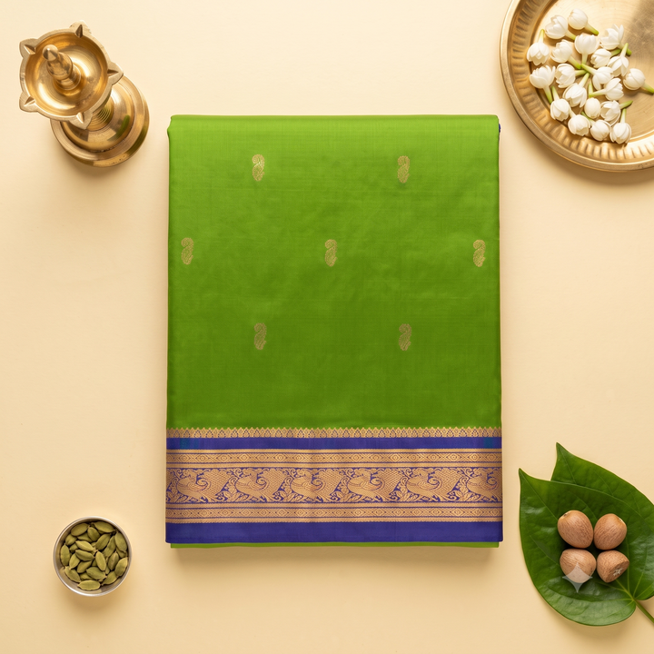 Kuberan Parrot Green & Royal Blue 9-Yard Pure Silk Saree
