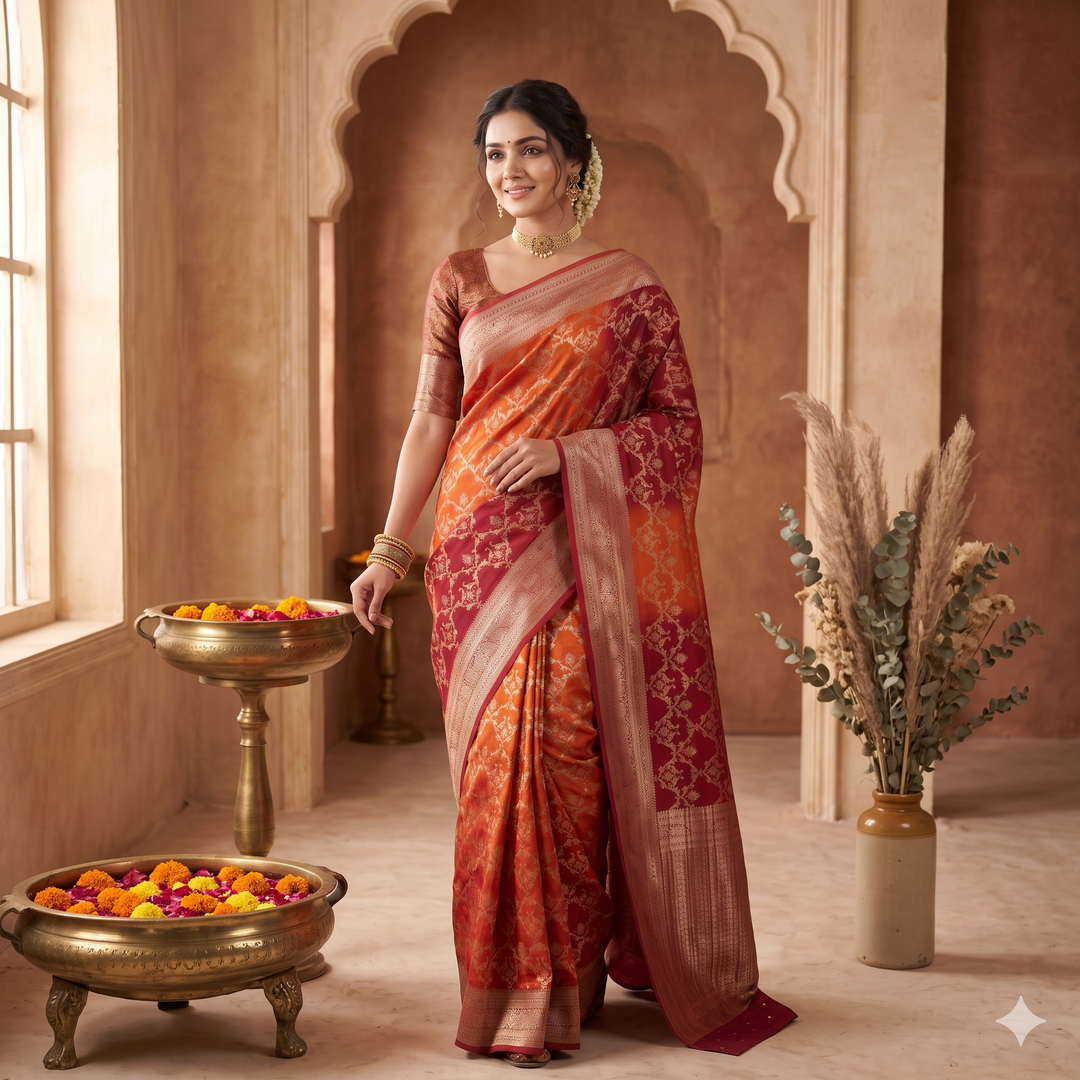 KUBERAN ORANGE WITH RED KHADDI GEORGETTE SAREE