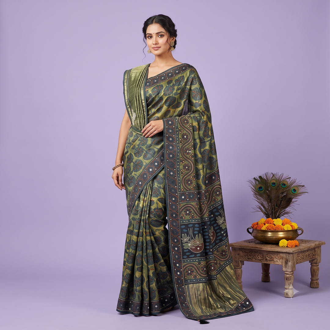 KUBERAN GREEN PURE SATIN CREPE SILK SAREE