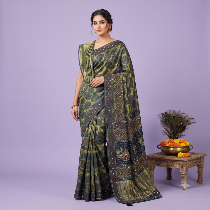 KUBERAN GREEN PURE SATIN CREPE SILK SAREE