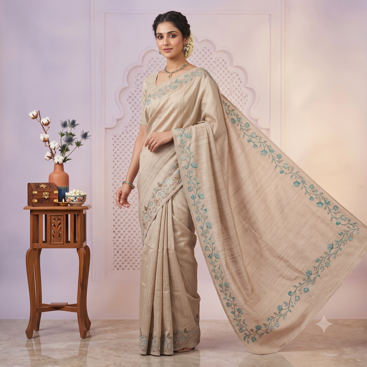 KUBERAN BEIGE PURE TUSSAR SILK SAREE