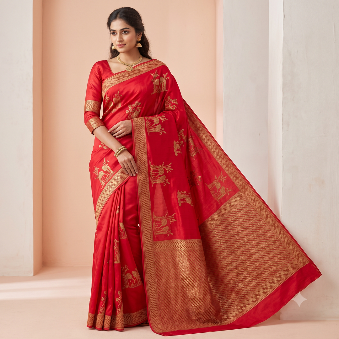 KUBERAN RED PURE KHADDI GEORGETTE  SAREE