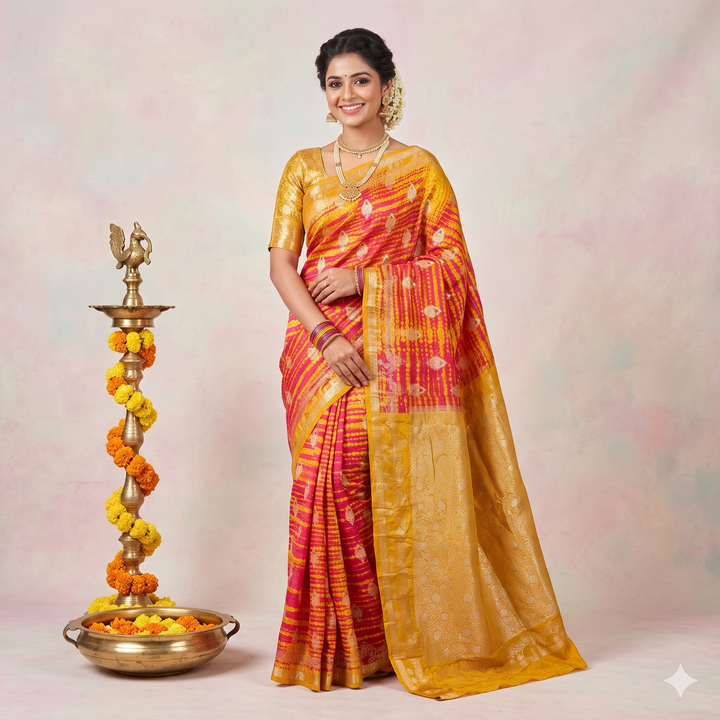Kuberan Orange with Yellow Pure Shibori Silk Saree